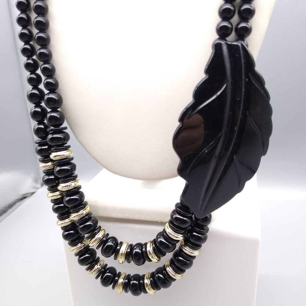 Unique Vintage Black Lucite Beads Necklace with Gold Tone Spacers and Carved - Picture 2 of 3